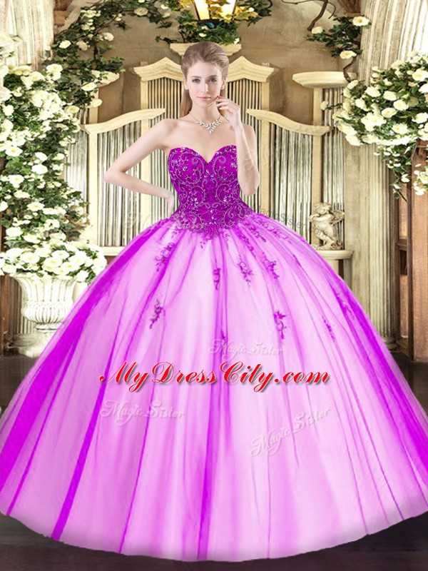 Deluxe Sleeveless Floor Length Beading Lace Up 15th Birthday Dress with Fuchsia