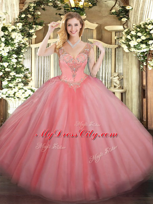 Stylish Tulle V-neck Sleeveless Lace Up Beading Vestidos de Quinceanera in Watermelon Red