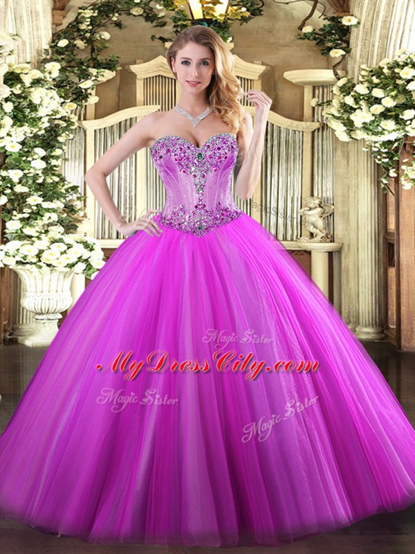 Modern Fuchsia Sweetheart Neckline Beading Quinceanera Dress Sleeveless Lace Up