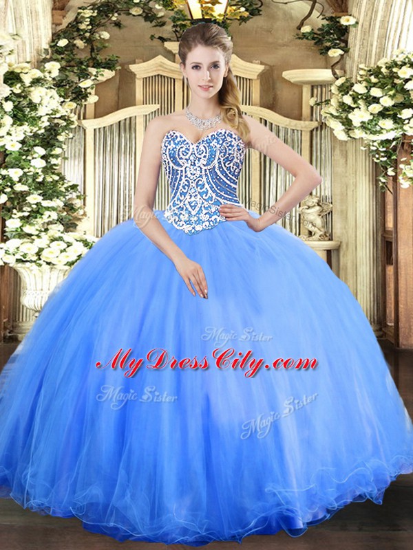 Trendy Baby Blue 15 Quinceanera Dress Military Ball and Sweet 16 and Quinceanera with Beading Sweetheart Sleeveless Lace Up