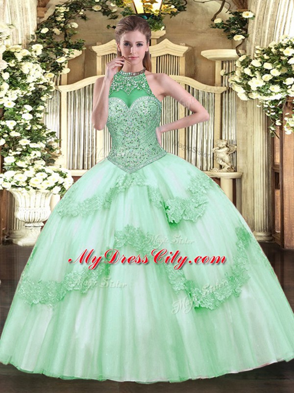 Simple Apple Green Ball Gowns Halter Top Sleeveless Tulle Floor Length Lace Up Beading and Appliques Sweet 16 Dresses