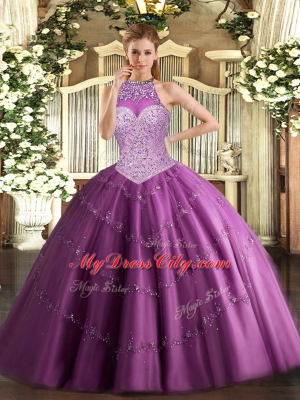 Flirting Fuchsia Ball Gowns Halter Top Sleeveless Tulle Floor Length Lace Up Beading and Appliques Quinceanera Dresses