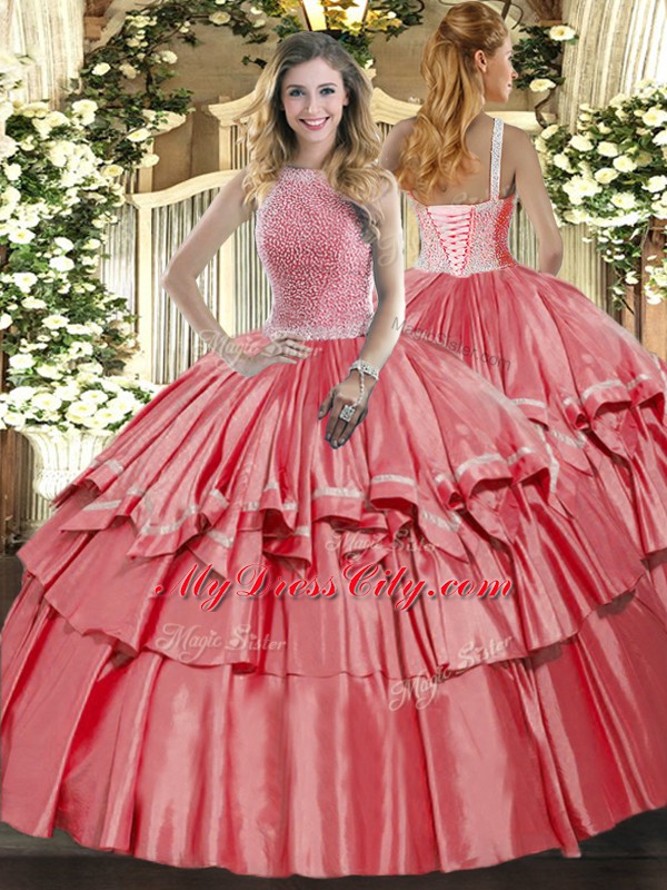 Coral Red Ball Gowns Organza and Taffeta High-neck Sleeveless Beading and Ruffled Layers Floor Length Lace Up Sweet 16 Dresses