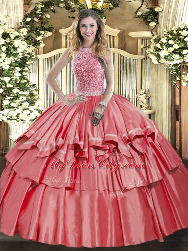 Coral Red Ball Gowns Organza and Taffeta High-neck Sleeveless Beading and Ruffled Layers Floor Length Lace Up Sweet 16 Dresses