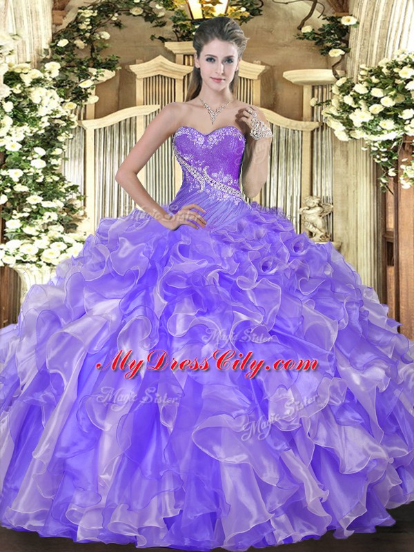 Lavender Ball Gowns Organza Sweetheart Sleeveless Beading and Ruffles Floor Length Lace Up Quinceanera Gown