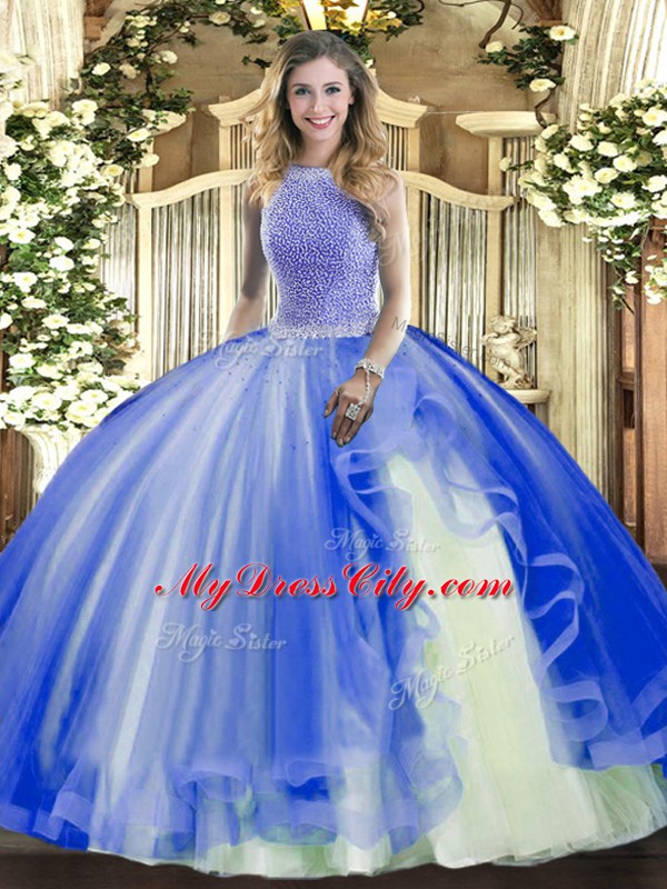 Eye-catching Floor Length Lace Up 15th Birthday Dress Blue for Military Ball and Sweet 16 and Quinceanera with Beading and Ruffles