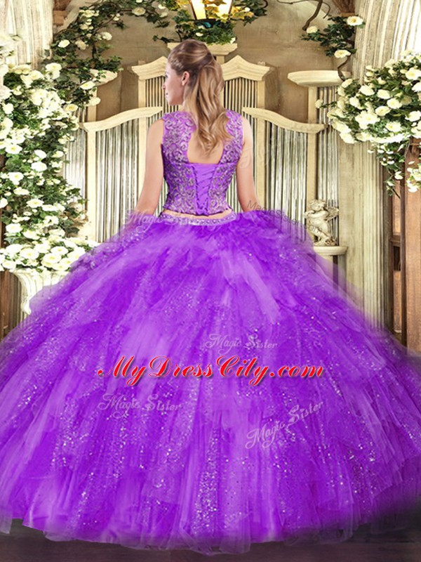 Lavender Sleeveless Beading and Ruffles Floor Length Sweet 16 Quinceanera Dress