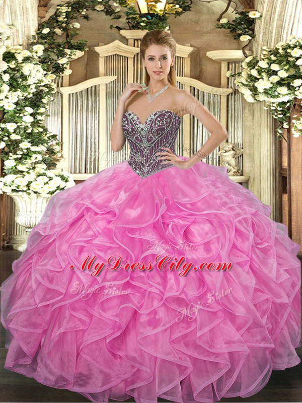 Rose Pink Ball Gowns Sweetheart Sleeveless Organza Floor Length Lace Up Beading and Ruffles Vestidos de Quinceanera