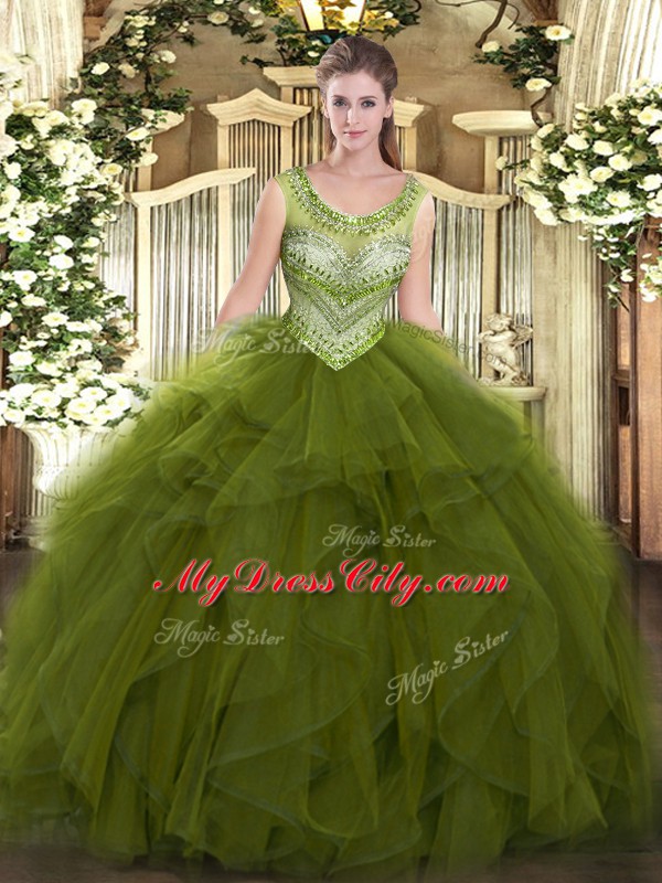 Gorgeous Floor Length Lace Up Quinceanera Dresses Olive Green for Sweet 16 and Quinceanera with Beading and Ruffles