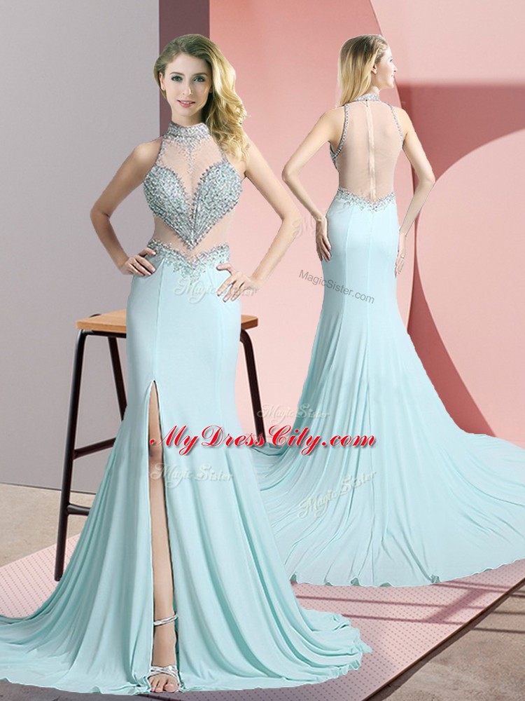 High Class Aqua Blue Sleeveless Sweep Train Beading Dress for Prom