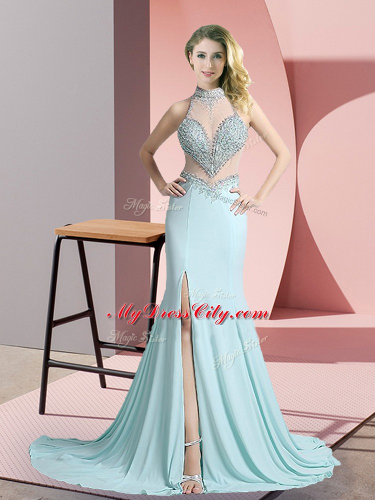 High Class Aqua Blue Sleeveless Sweep Train Beading Dress for Prom