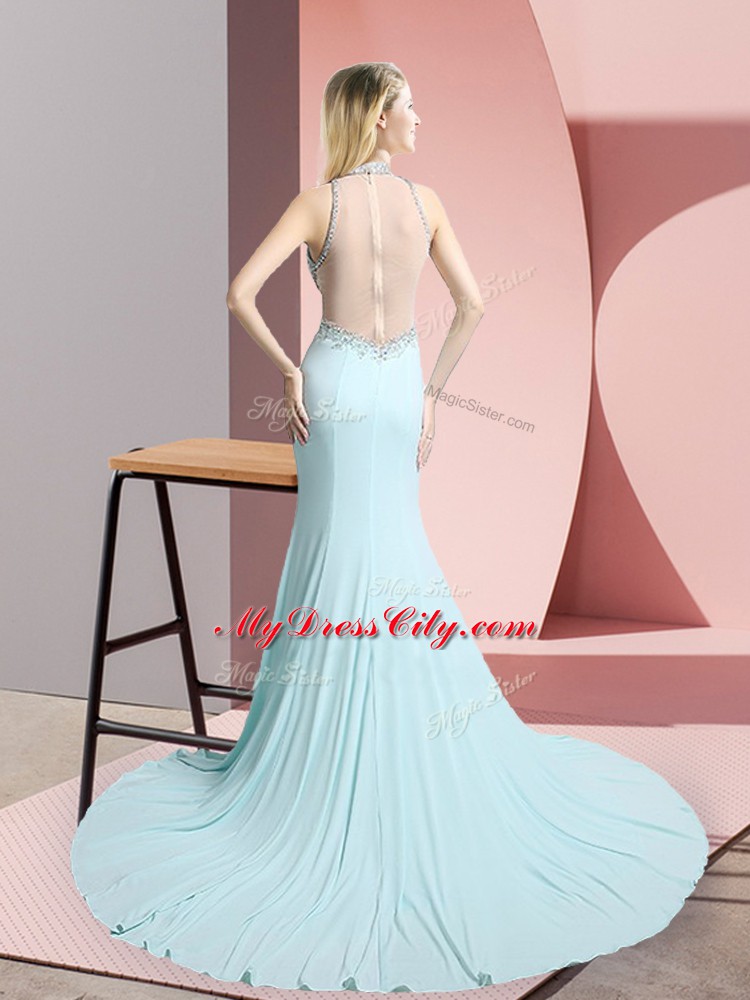 High Class Aqua Blue Sleeveless Sweep Train Beading Dress for Prom