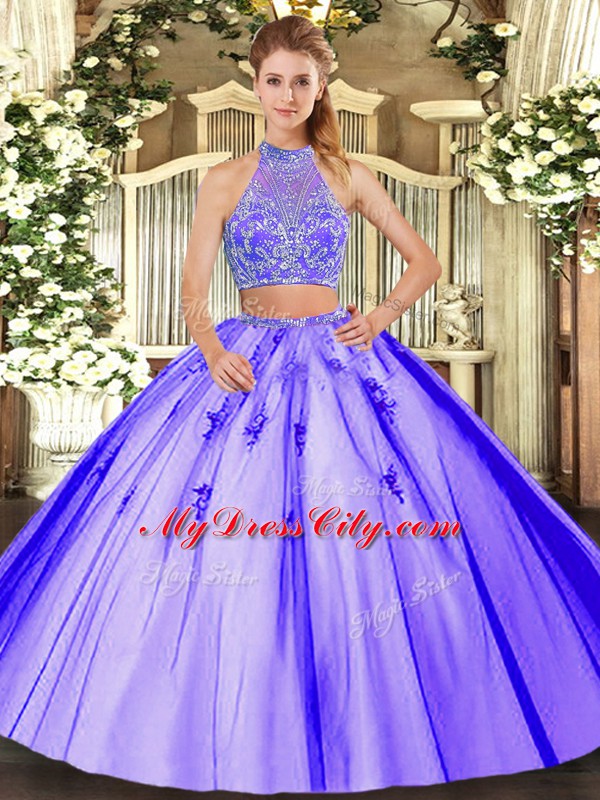 Lavender Halter Top Criss Cross Beading Quince Ball Gowns Sleeveless