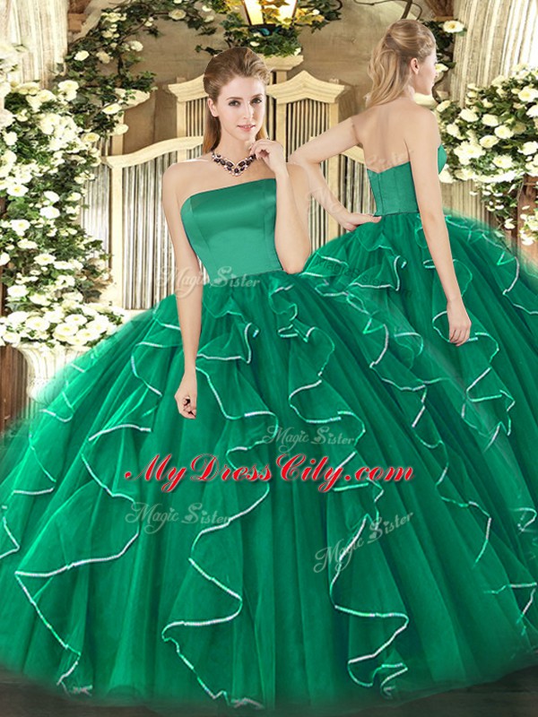 Dark Green 15 Quinceanera Dress Military Ball and Sweet 16 and Quinceanera with Ruffles Strapless Sleeveless Zipper