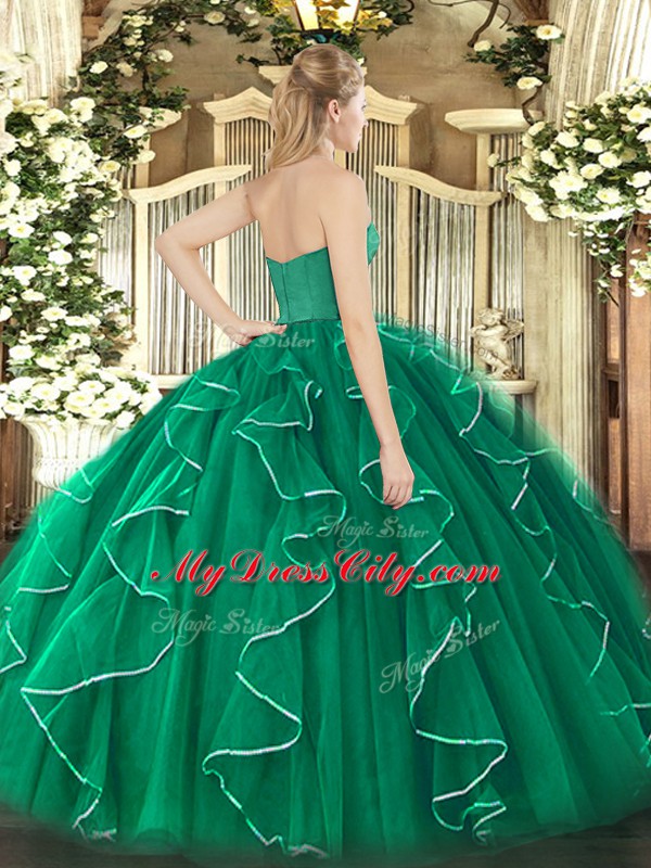 Dark Green 15 Quinceanera Dress Military Ball and Sweet 16 and Quinceanera with Ruffles Strapless Sleeveless Zipper