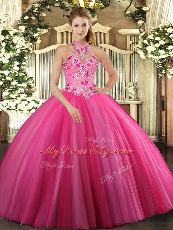 Cheap Halter Top Sleeveless Tulle Quinceanera Dresses Embroidery Lace Up