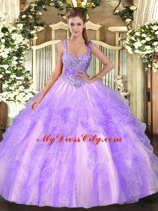 Lavender Straps Neckline Beading and Ruffles Ball Gown Prom Dress Sleeveless Lace Up