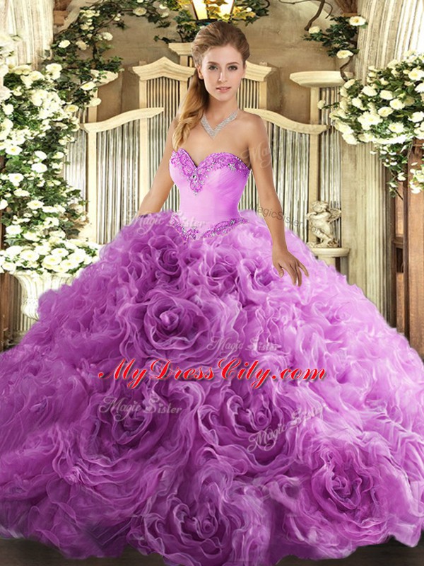 Captivating Sleeveless Fabric With Rolling Flowers Floor Length Lace Up Quinceanera Gown in Lilac with Beading