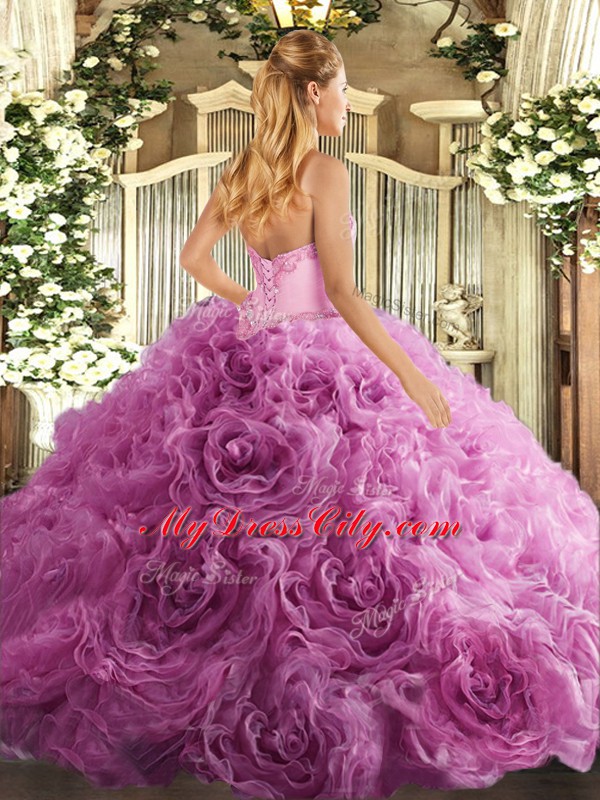 Captivating Sleeveless Fabric With Rolling Flowers Floor Length Lace Up Quinceanera Gown in Lilac with Beading