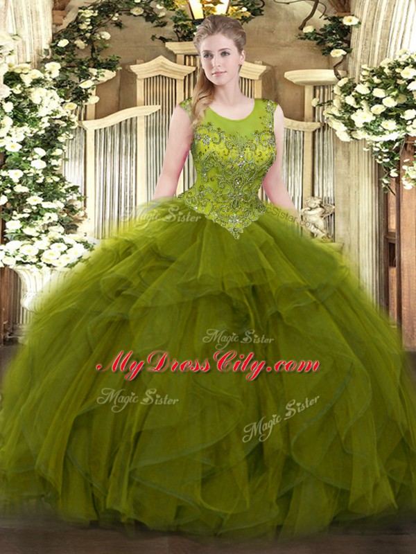 Custom Fit Sleeveless Floor Length Beading and Ruffles Zipper Sweet 16 Dress with Olive Green