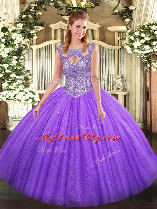 Trendy Scoop Sleeveless Tulle 15 Quinceanera Dress Beading Lace Up