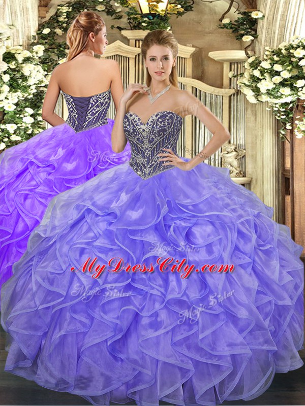 Lavender Sleeveless Organza Lace Up Ball Gown Prom Dress for Military Ball and Sweet 16 and Quinceanera