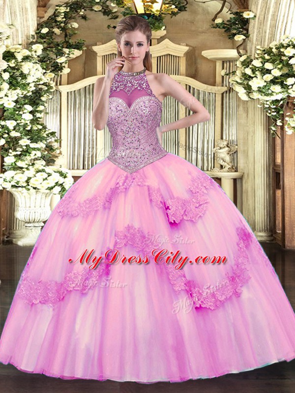 Ball Gowns Quinceanera Dress Rose Pink Halter Top Tulle Sleeveless Floor Length Lace Up