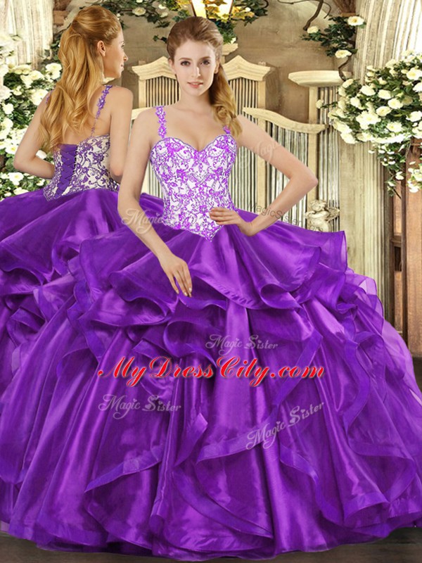 Clearance Eggplant Purple Ball Gowns Beading and Appliques and Ruffles Quinceanera Gowns Lace Up Organza Sleeveless Floor Length