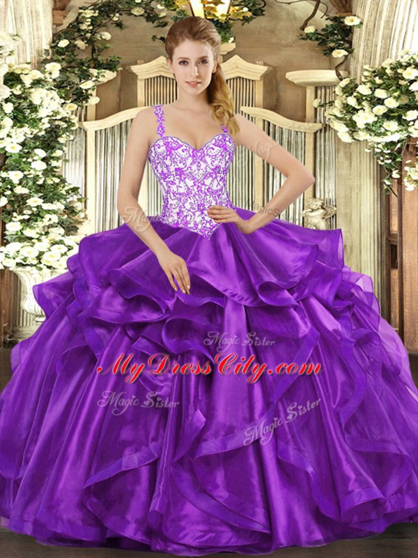 Clearance Eggplant Purple Ball Gowns Beading and Appliques and Ruffles Quinceanera Gowns Lace Up Organza Sleeveless Floor Length