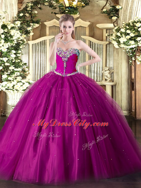 Chic Sweetheart Sleeveless 15 Quinceanera Dress Floor Length Beading Fuchsia Tulle