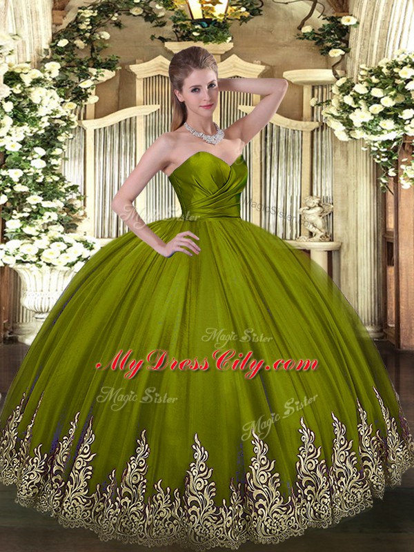 Hot Sale Sweetheart Sleeveless Sweet 16 Dress Floor Length Appliques Olive Green Tulle