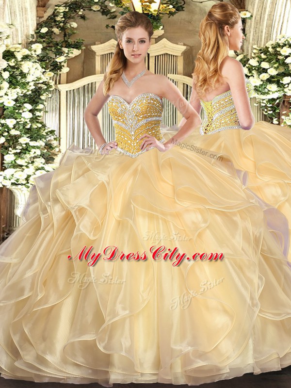 High End Champagne Organza Lace Up Quince Ball Gowns Long Sleeves Floor Length Beading and Ruffles