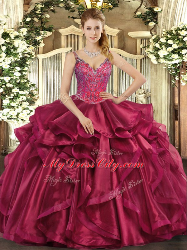 Sleeveless Lace Up Floor Length Beading and Ruffles Quinceanera Gown