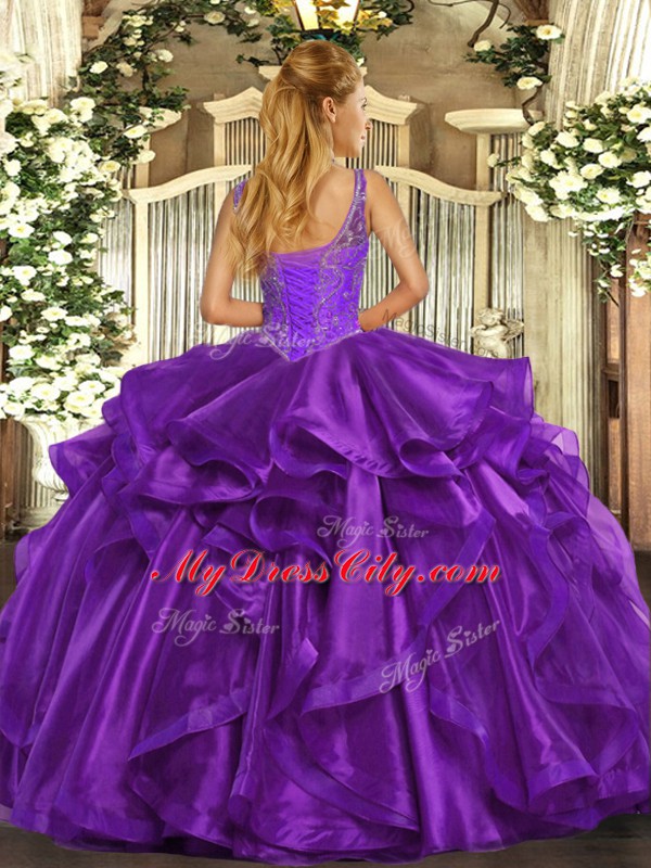 Sleeveless Lace Up Floor Length Beading and Ruffles Quinceanera Gown