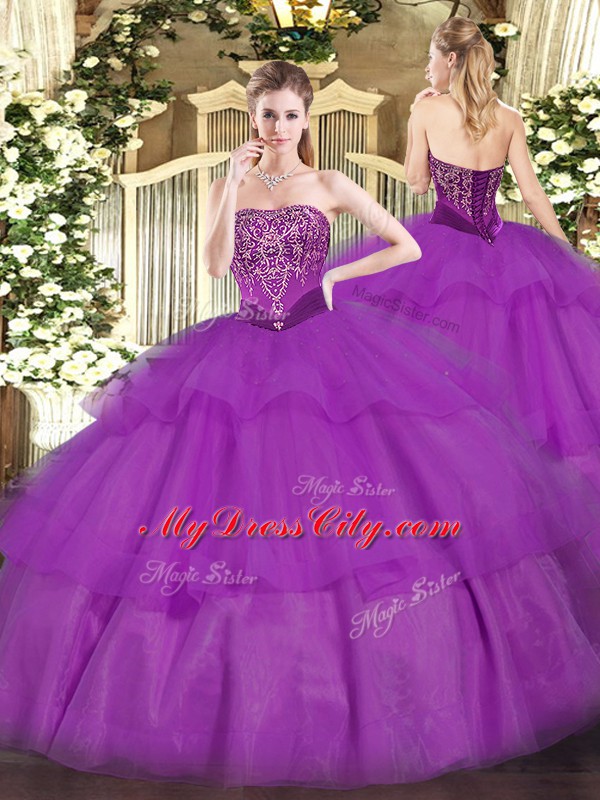 Modest Sleeveless Tulle Floor Length Lace Up Sweet 16 Dresses in Purple with Beading and Ruffled Layers