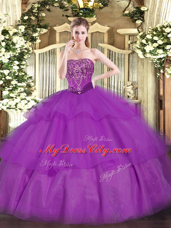 Modest Sleeveless Tulle Floor Length Lace Up Sweet 16 Dresses in Purple with Beading and Ruffled Layers