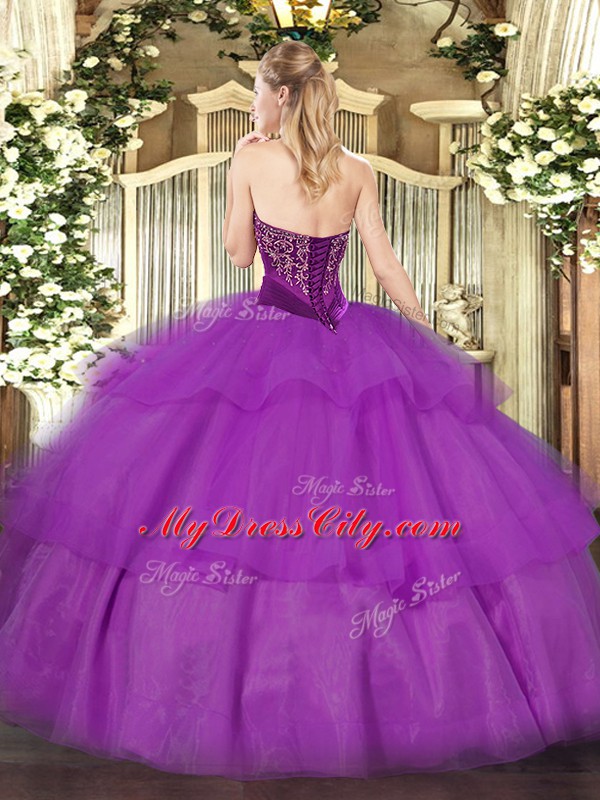 Modest Sleeveless Tulle Floor Length Lace Up Sweet 16 Dresses in Purple with Beading and Ruffled Layers