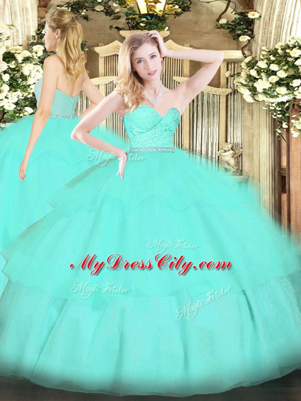 Enchanting Apple Green Tulle Zipper Quinceanera Gown Sleeveless Floor Length Beading and Lace and Ruffled Layers