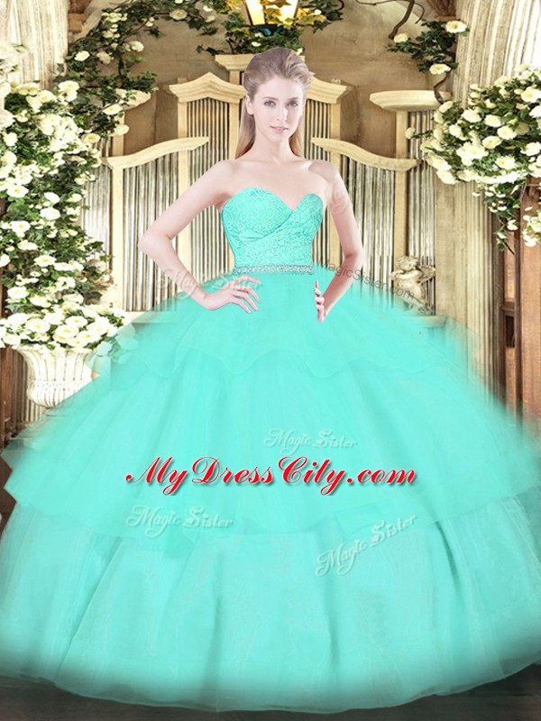 Enchanting Apple Green Tulle Zipper Quinceanera Gown Sleeveless Floor Length Beading and Lace and Ruffled Layers