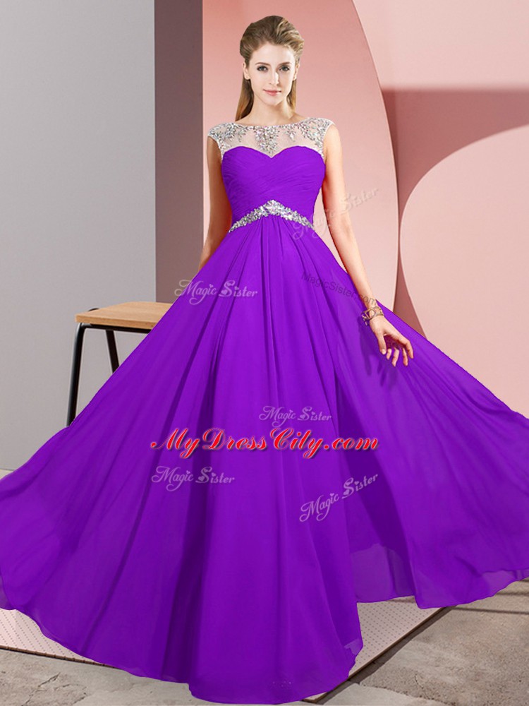 Purple Sleeveless Beading Floor Length Prom Dress