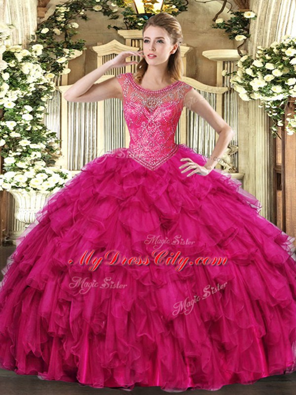 On Sale Fuchsia Lace Up Scoop Beading and Ruffles Quinceanera Dress Organza Sleeveless