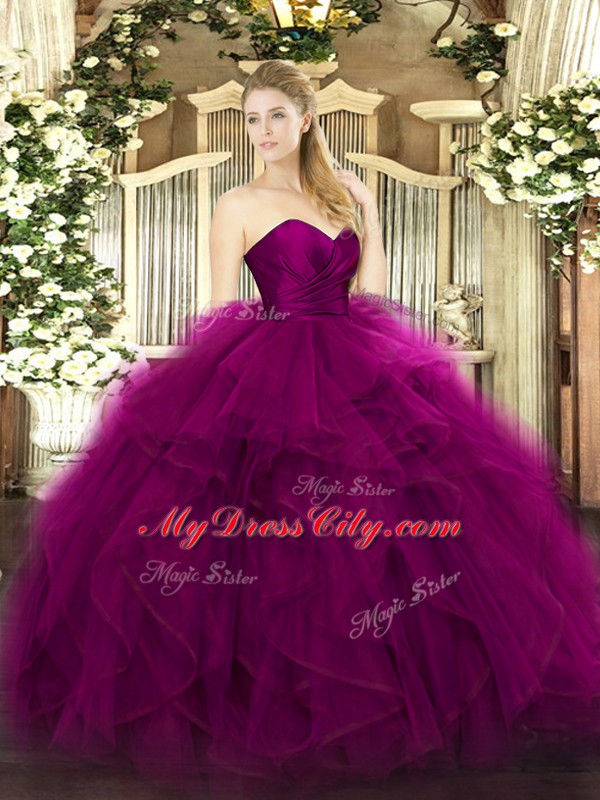 Ball Gowns Ball Gown Prom Dress Fuchsia Sweetheart Tulle Sleeveless Floor Length Zipper