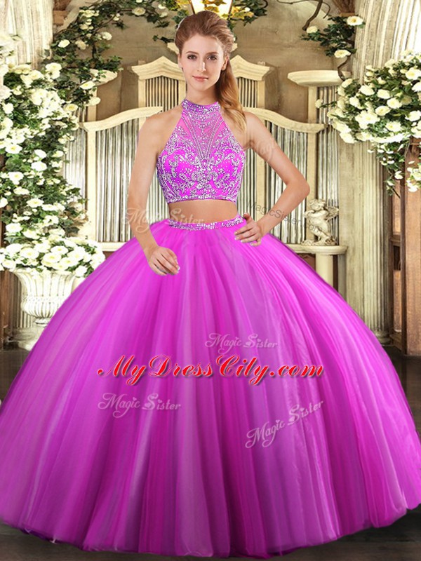 Deluxe Fuchsia Two Pieces Halter Top Sleeveless Tulle Floor Length Criss Cross Beading Quinceanera Dresses