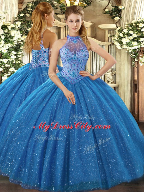 Suitable Blue Ball Gowns Tulle Halter Top Sleeveless Beading and Embroidery Floor Length Lace Up Sweet 16 Dresses