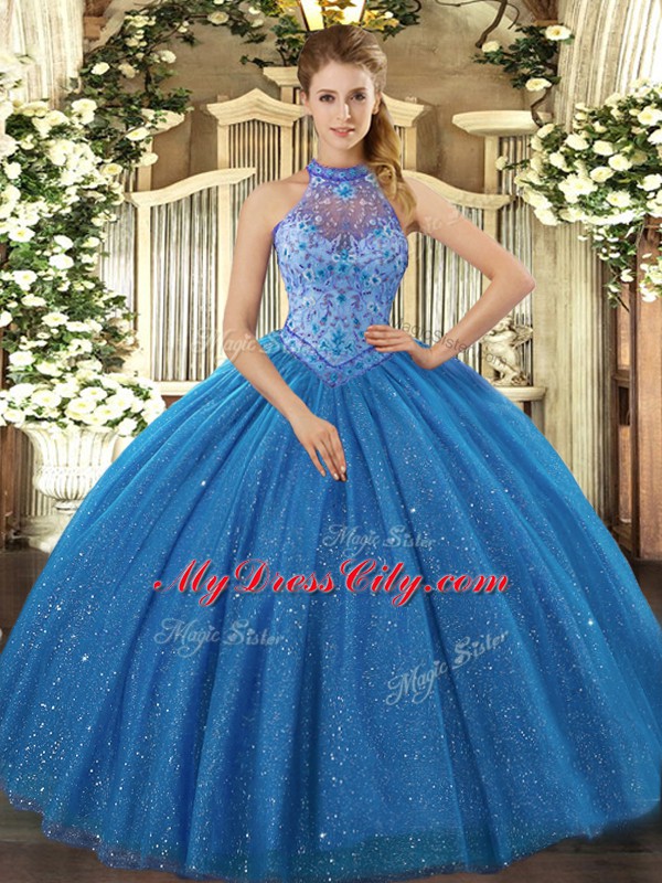 Suitable Blue Ball Gowns Tulle Halter Top Sleeveless Beading and Embroidery Floor Length Lace Up Sweet 16 Dresses