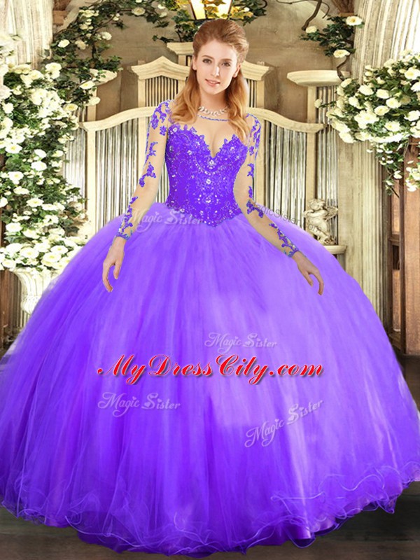 Long Sleeves Tulle Floor Length Lace Up Quinceanera Gowns in Lavender with Lace