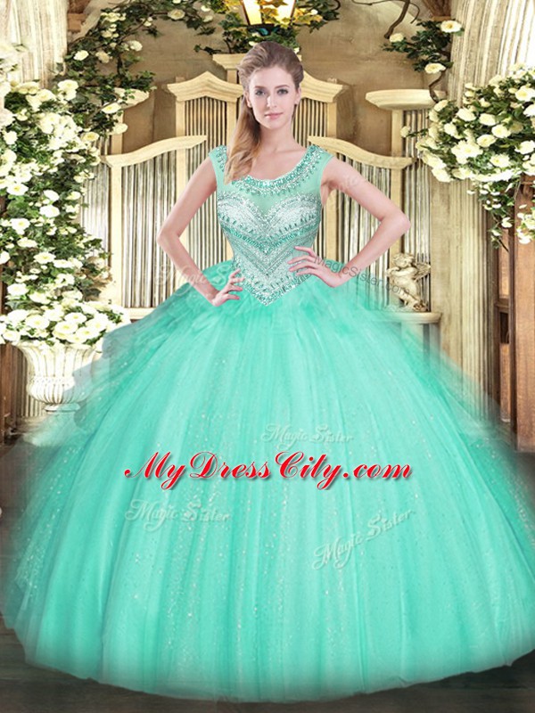 Hot Selling Sleeveless Tulle Floor Length Lace Up 15th Birthday Dress in Apple Green with Beading