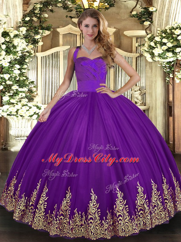 Captivating Purple Sleeveless Tulle Lace Up 15th Birthday Dress for Military Ball and Sweet 16 and Quinceanera