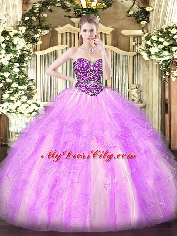 Lilac Sleeveless Floor Length Beading and Ruffles Lace Up 15 Quinceanera Dress