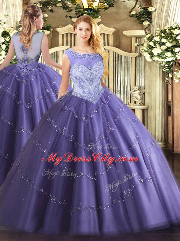 Lavender Scoop Lace Up Beading Sweet 16 Dress Sleeveless